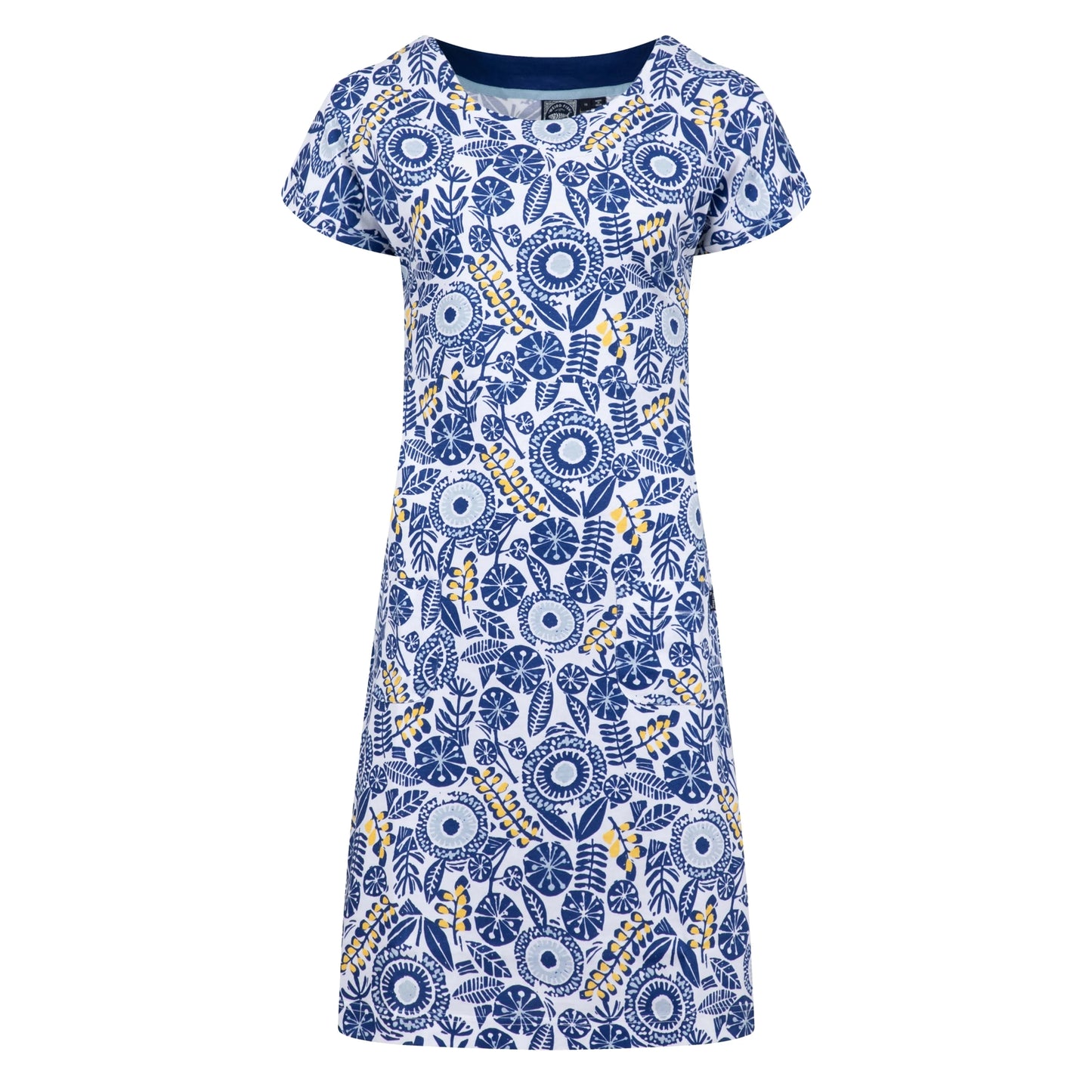 Front view of a womens Weird Fish short sleeve Tallahassee dress in Sapphire Blue featuring an abstract floral print with front pockets.