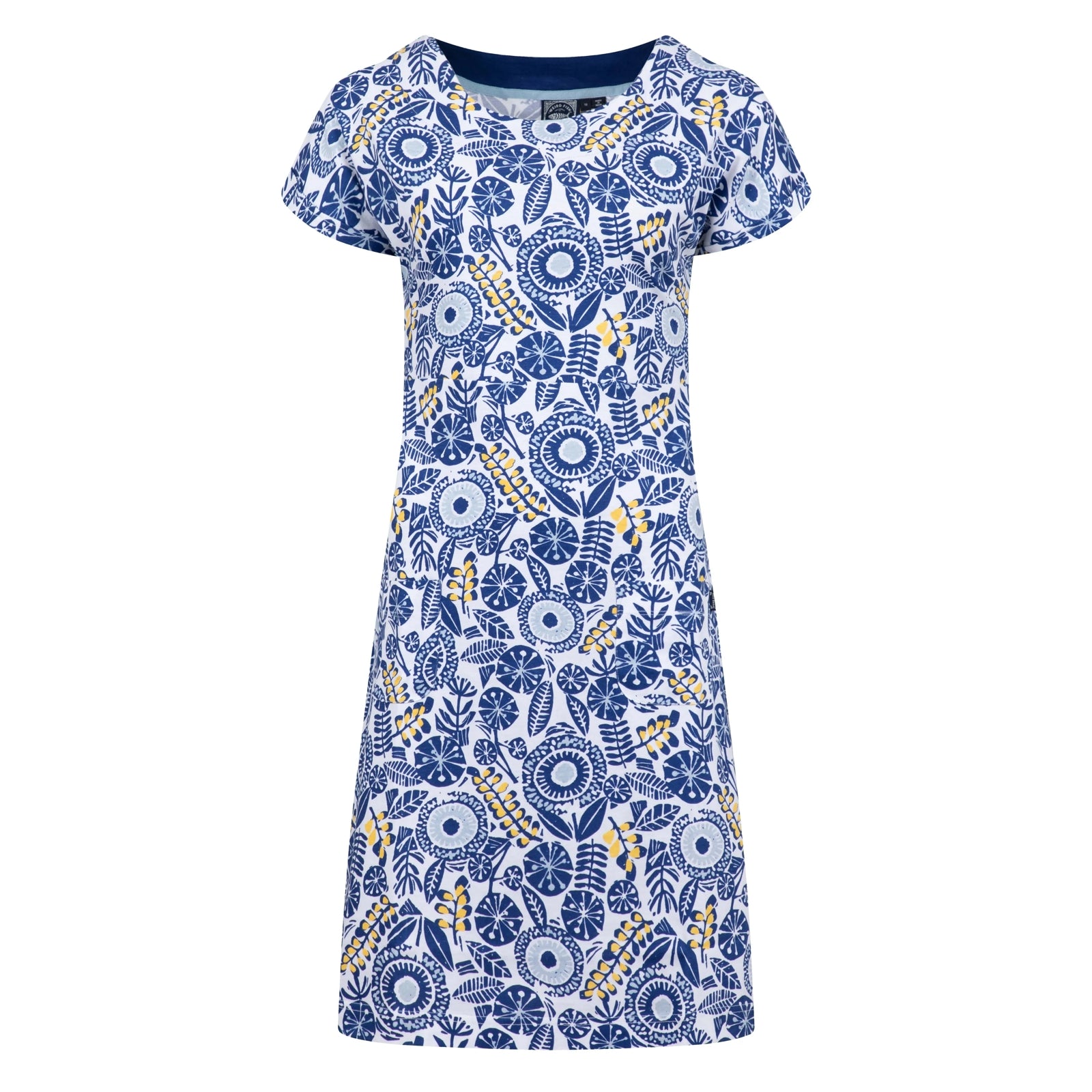 Front view of a womens Weird Fish short sleeve Tallahassee dress in Sapphire Blue featuring an abstract floral print with front pockets.