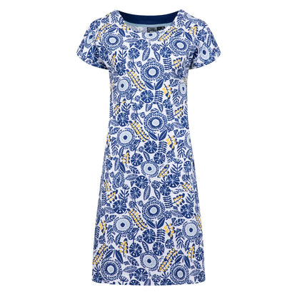 Front view of a womens Weird Fish short sleeve Tallahassee dress in Sapphire Blue featuring an abstract floral print with front pockets.
