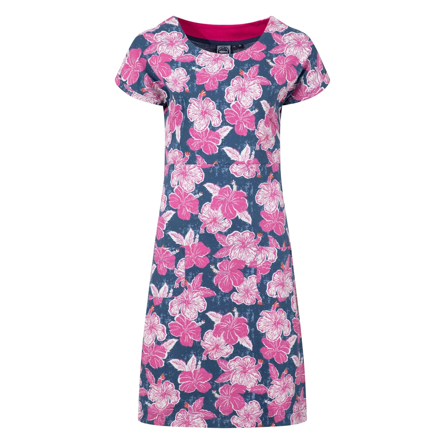 Front view of a womens Weird Fish short sleeve Tallahassee dress in Fuchsia Punch Pink featuring a bold floral print.
