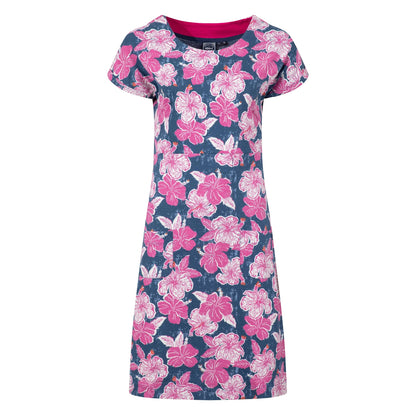 Front view of a womens Weird Fish short sleeve Tallahassee dress in Fuchsia Punch Pink featuring a bold floral print.