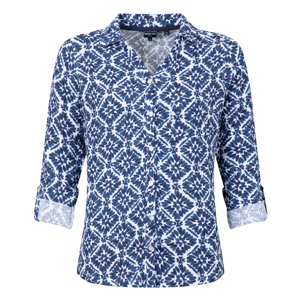 Front view of a womens Weird Fish Syona shirt in a Twilight Blue and white tile print on a white background