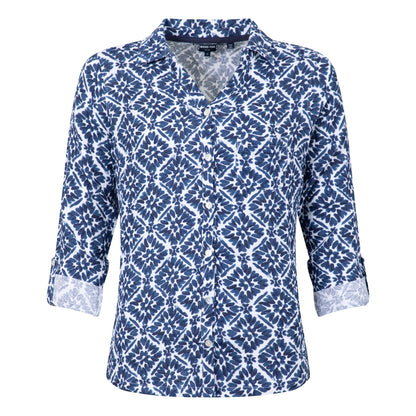 Front view of a womens Weird Fish Syona shirt in a Twilight Blue and white tile print on a white background
