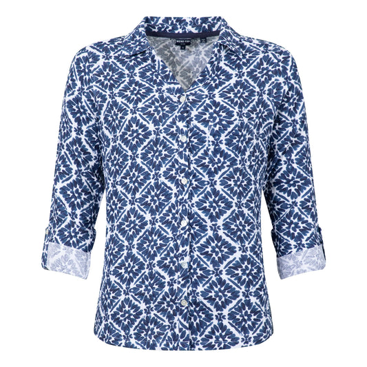 Front view of a womens Weird Fish Syona shirt in a Twilight Blue and white tile print on a white background