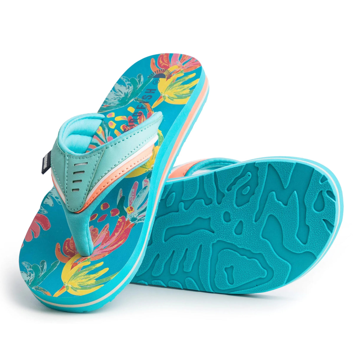 Main front view of a pair of Weird Fish women's Thurleston flip flops in Azure Blue, with a bright abstract floral pattern on the footbed, fabric lined straps and logo textured outsole grips.