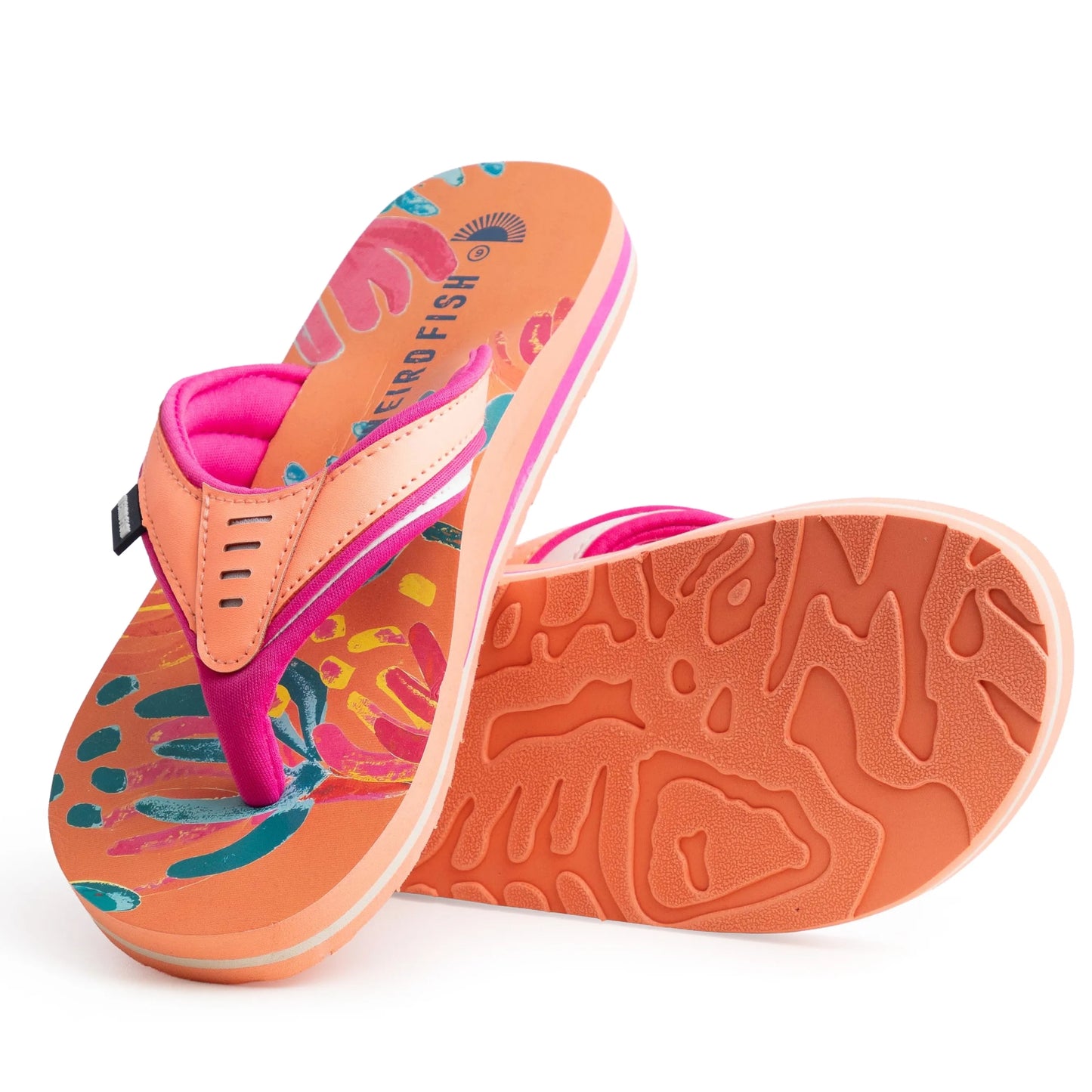 Main front view of a pair of Weird Fish women's Thurleston flip flops in Sorbet Orange, with a bright abstract floral pattern on the footbed, fabric lined straps and logo textured outsole grips.