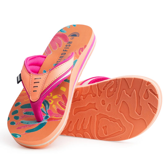 Main front view of a pair of Weird Fish women's Thurleston flip flops in Sorbet Orange, with a bright abstract floral pattern on the footbed, fabric lined straps and logo textured outsole grips.