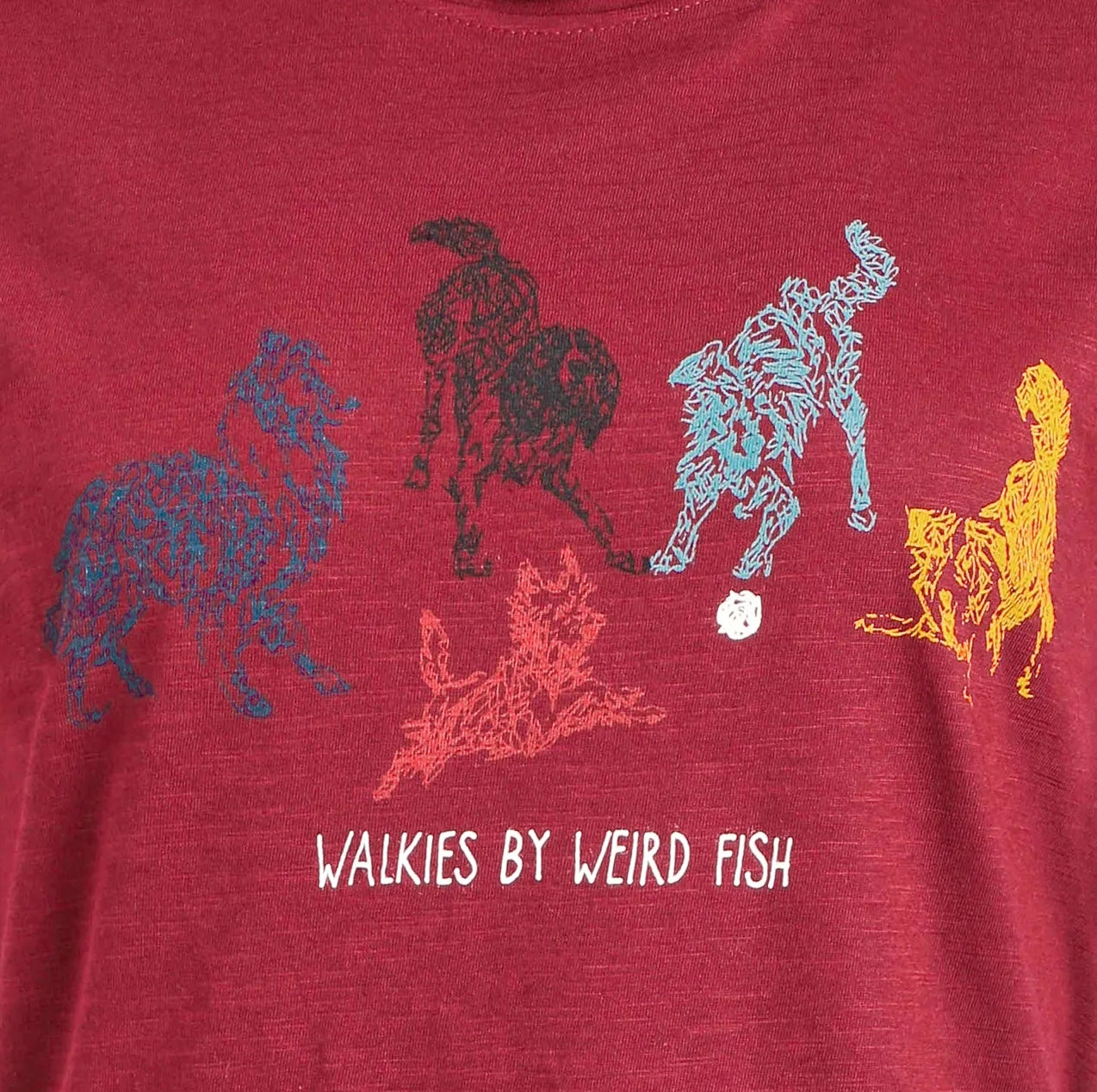 Red t-shirt with dog illustrations and 'Walkies by Weird Fish' text on a red background