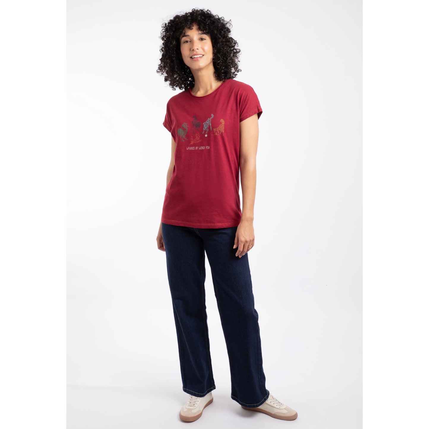 Weird Fish Womens Go Fetch Dog Print Organic Cotton Tee - Garnet Red