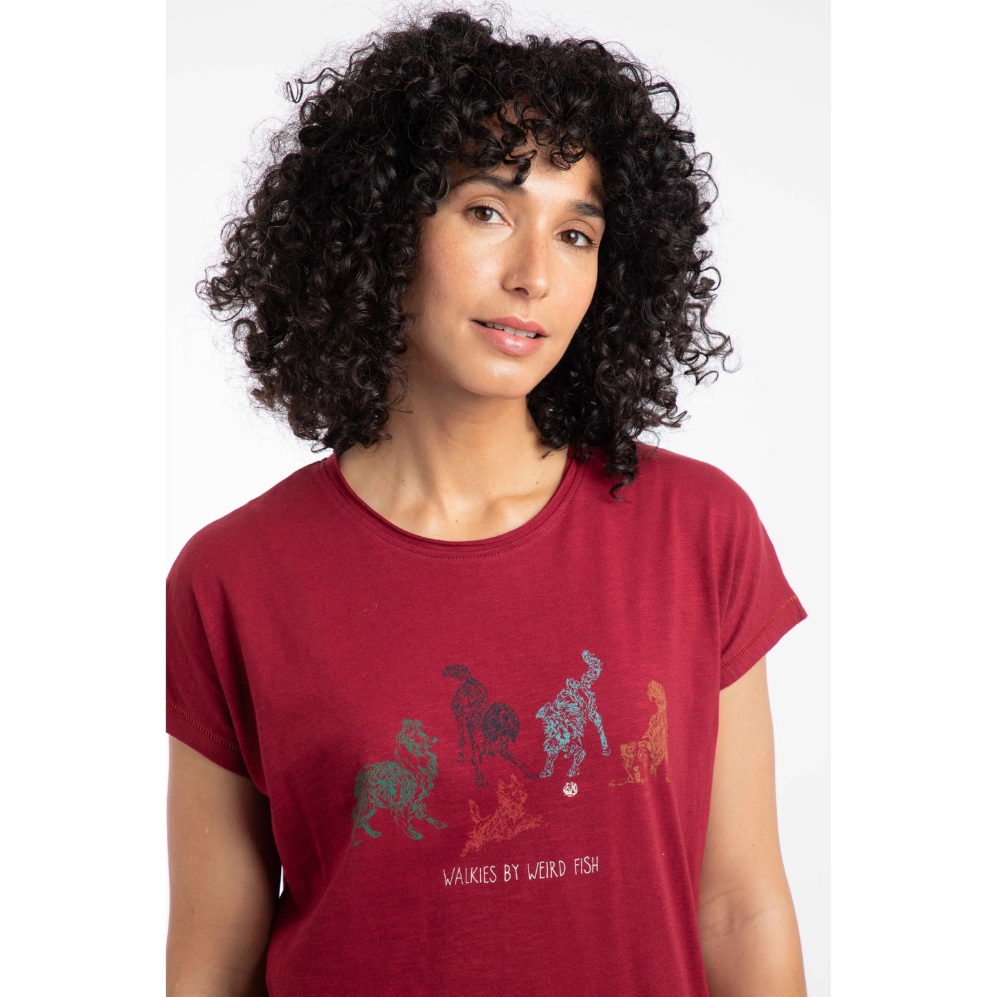 Weird Fish Womens Go Fetch Dog Print Organic Cotton Tee - Garnet Red