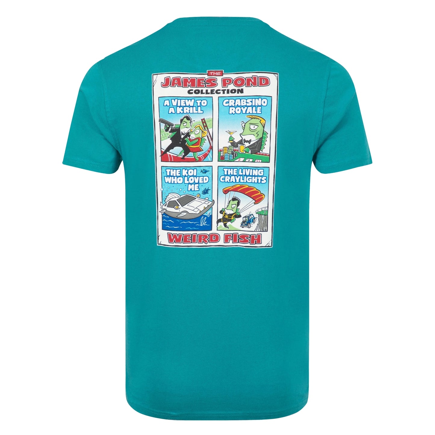 Main back view of the large print on the back of a men's Weird Fish short sleeve James Pond printed t-shirt in Deep Teal