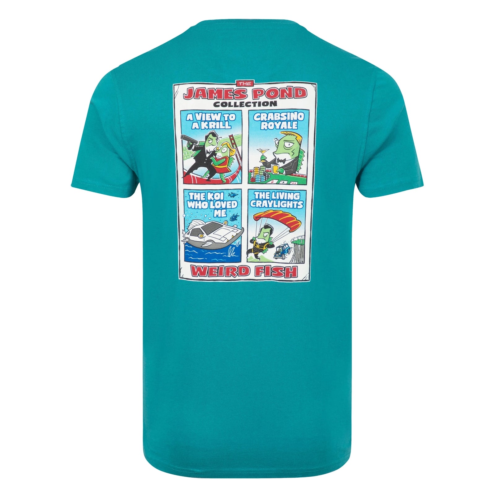Main back view of the large print on the back of a men's Weird Fish short sleeve James Pond printed t-shirt in Deep Teal