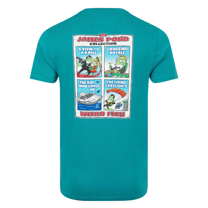 Main back view of the large print on the back of a men's Weird Fish short sleeve James Pond printed t-shirt in Deep Teal