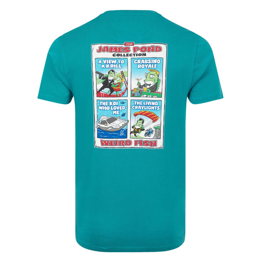 Main back view of the large print on the back of a men's Weird Fish short sleeve James Pond printed t-shirt in Deep Teal