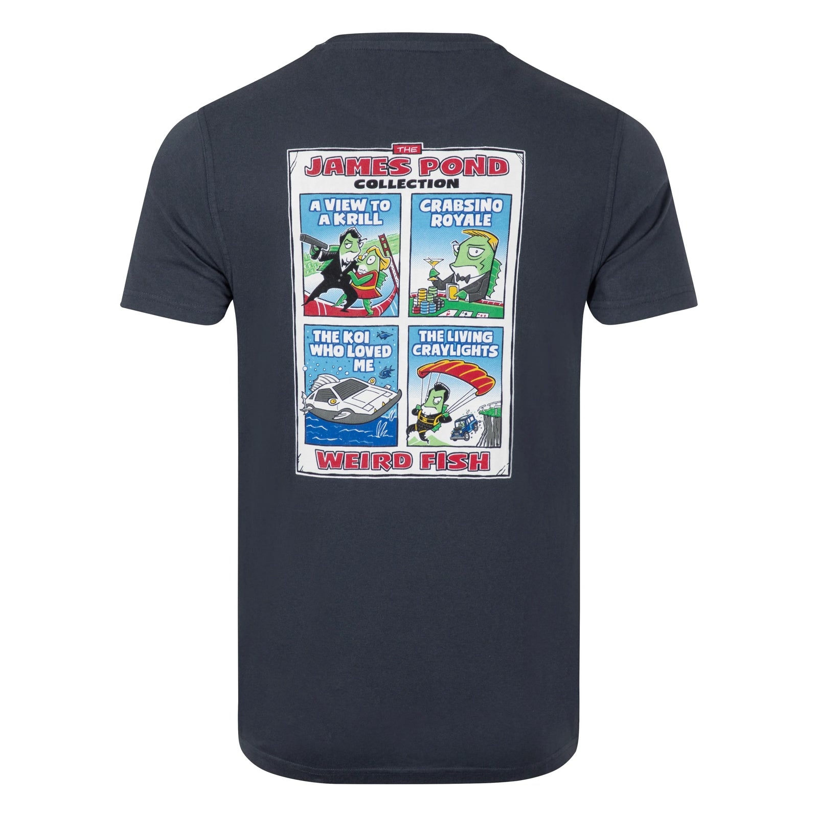 Main back view of the large print on the back of a men's Weird Fish short sleeve James Pond printed t-shirt in Navy