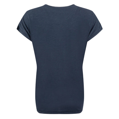 Back view of a womens Weird Fish short sleeve navy t-shirt featuring an abstract koi carp print made up of fern leaves on the front.
