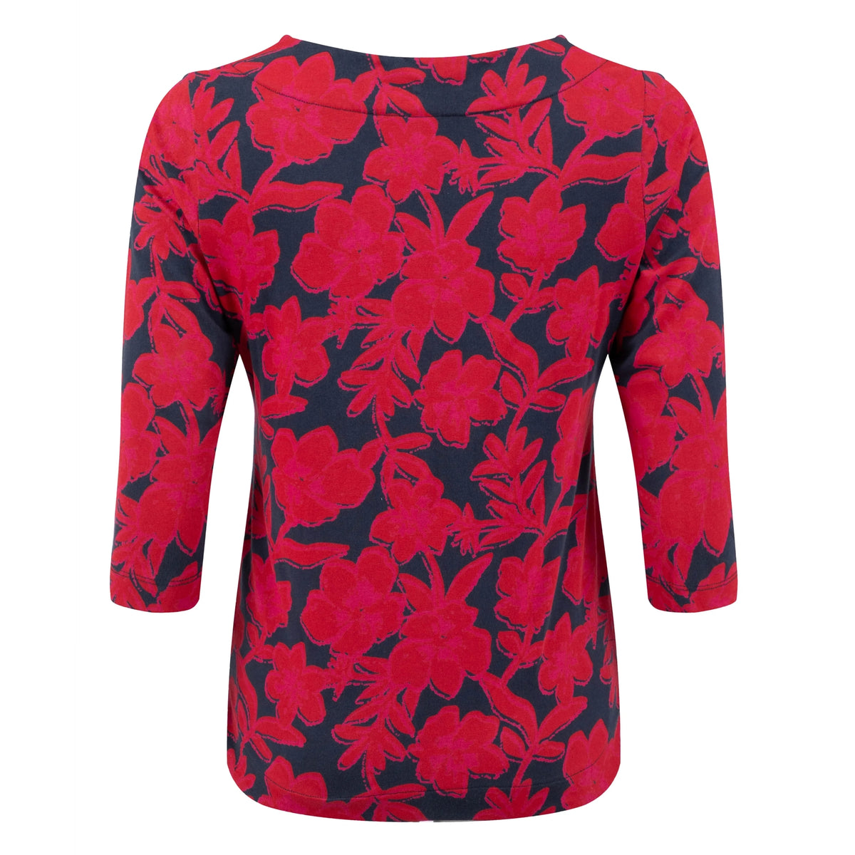 Back view of a womens Weird Fish three-quarter sleeve Pinto t-shirt in Cranberry Red with a bold floral pattern.