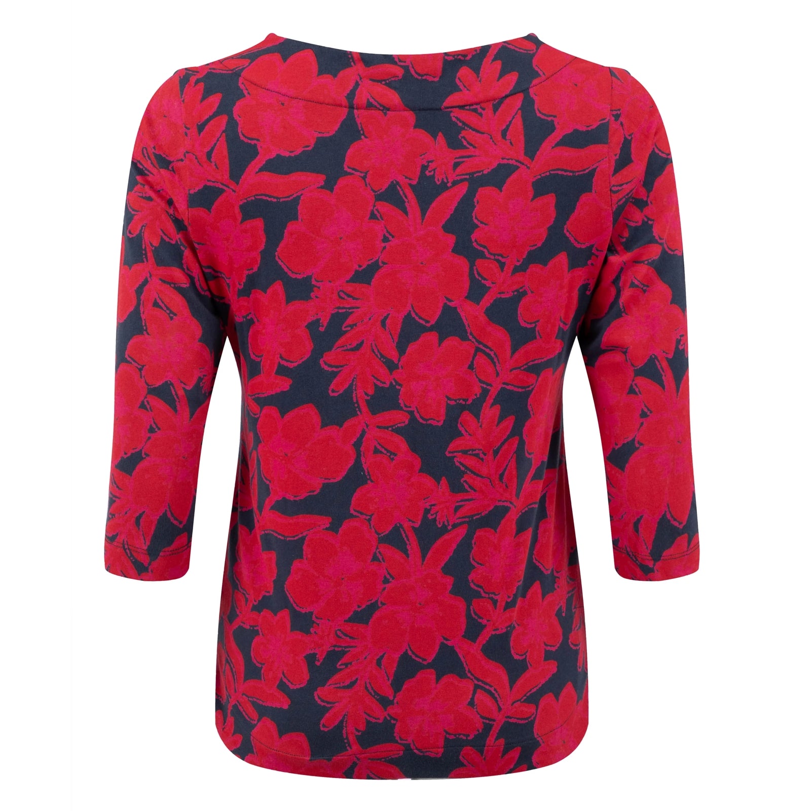 Back view of a womens Weird Fish three-quarter sleeve Pinto t-shirt in Cranberry Red with a bold floral pattern.
