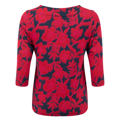 Back view of a womens Weird Fish three-quarter sleeve Pinto t-shirt in Cranberry Red with a bold floral pattern.