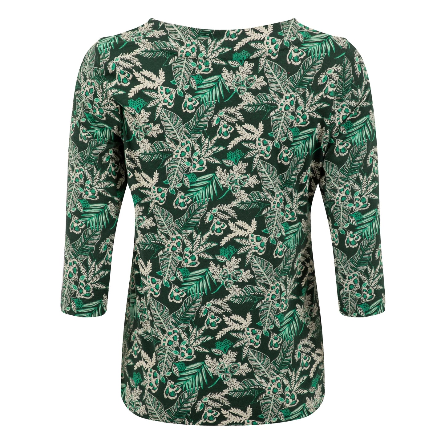 Back view of a womens Weird Fish three-quarter sleeve Pinto t-shirt in Laurel Green with a leafy floral pattern.