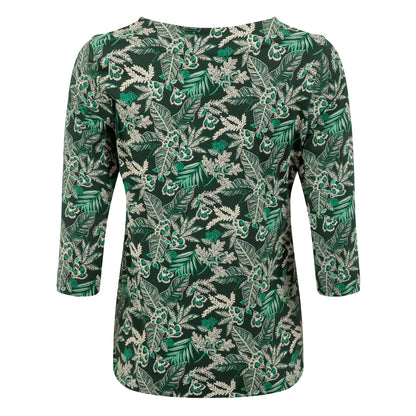 Back view of a womens Weird Fish three-quarter sleeve Pinto t-shirt in Laurel Green with a leafy floral pattern.