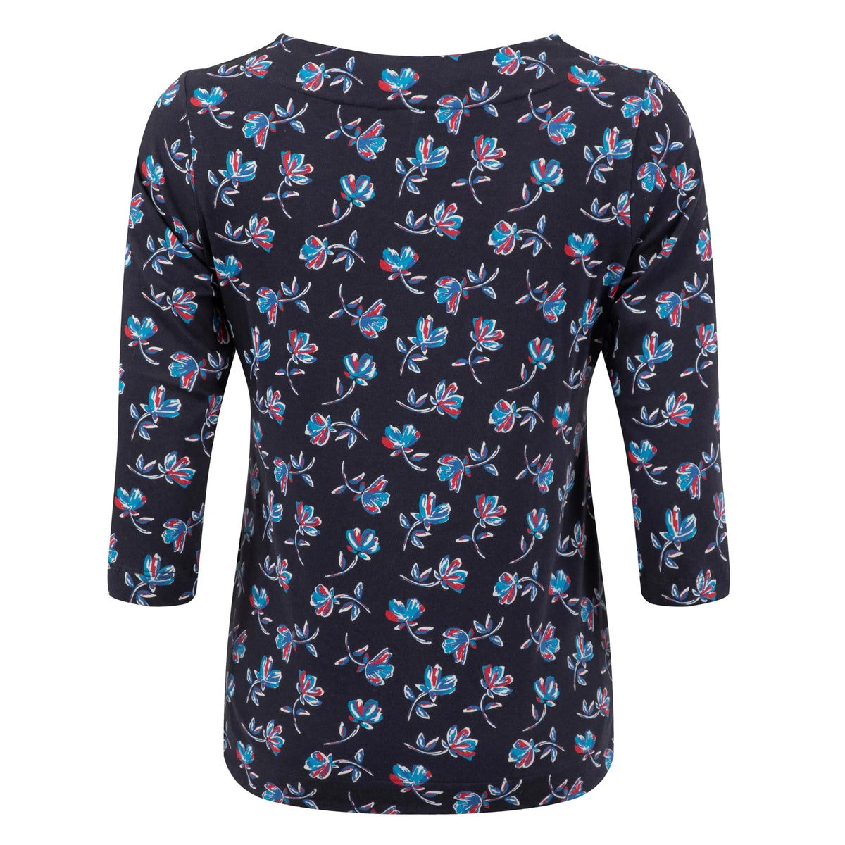 Back view of a womens Weird Fish three-quarter sleeve Pinto t-shirt in Midnight Navy with a red and blue floral pattern.