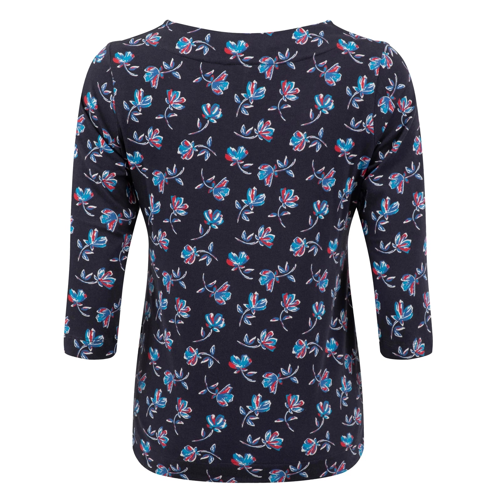 Back view of a womens Weird Fish three-quarter sleeve Pinto t-shirt in Midnight Navy with a red and blue floral pattern.