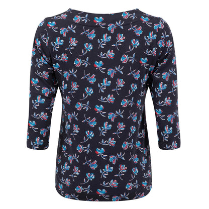 Back view of a womens Weird Fish three-quarter sleeve Pinto t-shirt in Midnight Navy with a red and blue floral pattern.