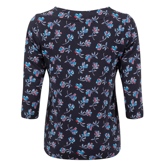 Back view of a womens Weird Fish three-quarter sleeve Pinto t-shirt in Midnight Navy with a red and blue floral pattern.