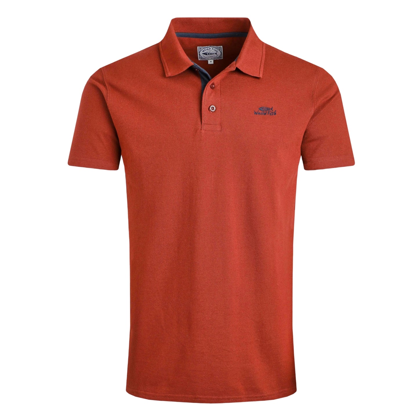 Main front view of a mens short sleeve Weird Fish Miles polo shirt in Burnt Henna.