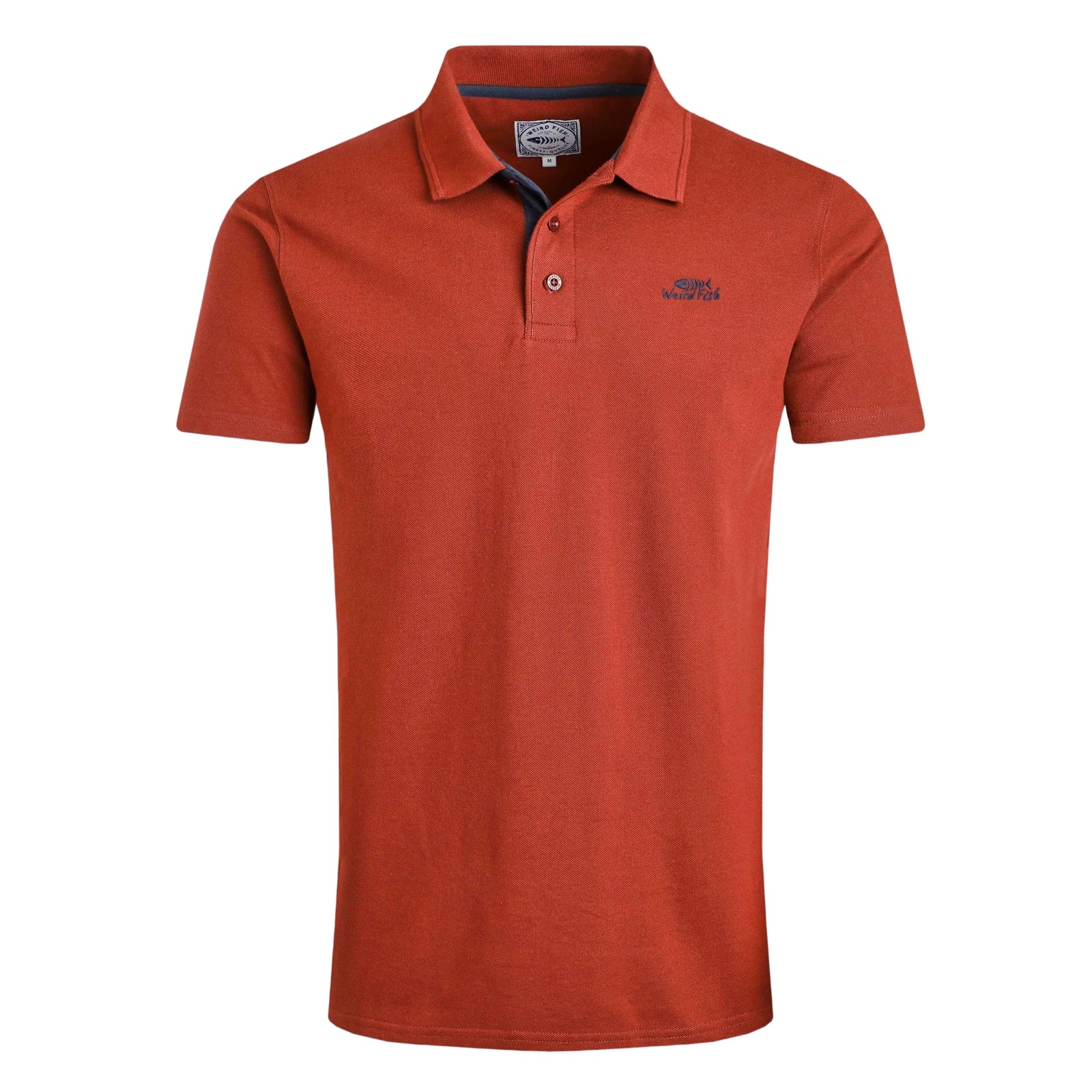Main front view of a mens short sleeve Weird Fish Miles polo shirt in Burnt Henna.