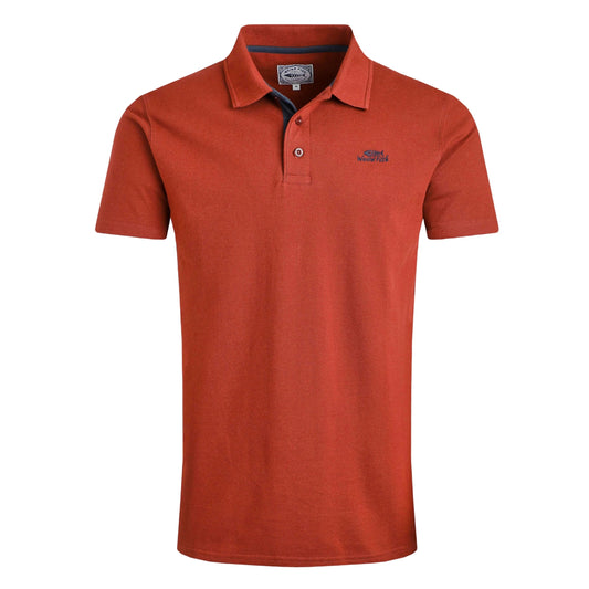 Main front view of a mens short sleeve Weird Fish Miles polo shirt in Burnt Henna.