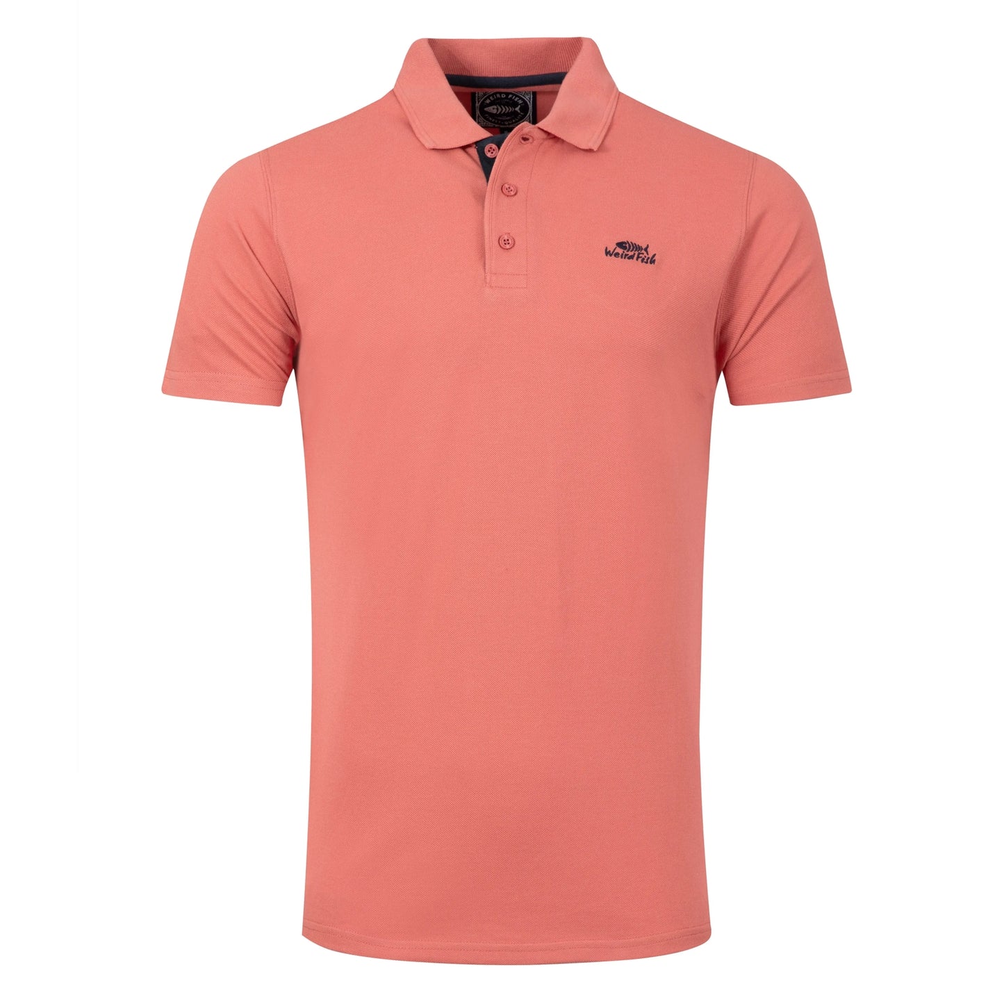 Main front view of a men's Weird Fish short sleeve Miles polo shirt in Nantucket coral.
