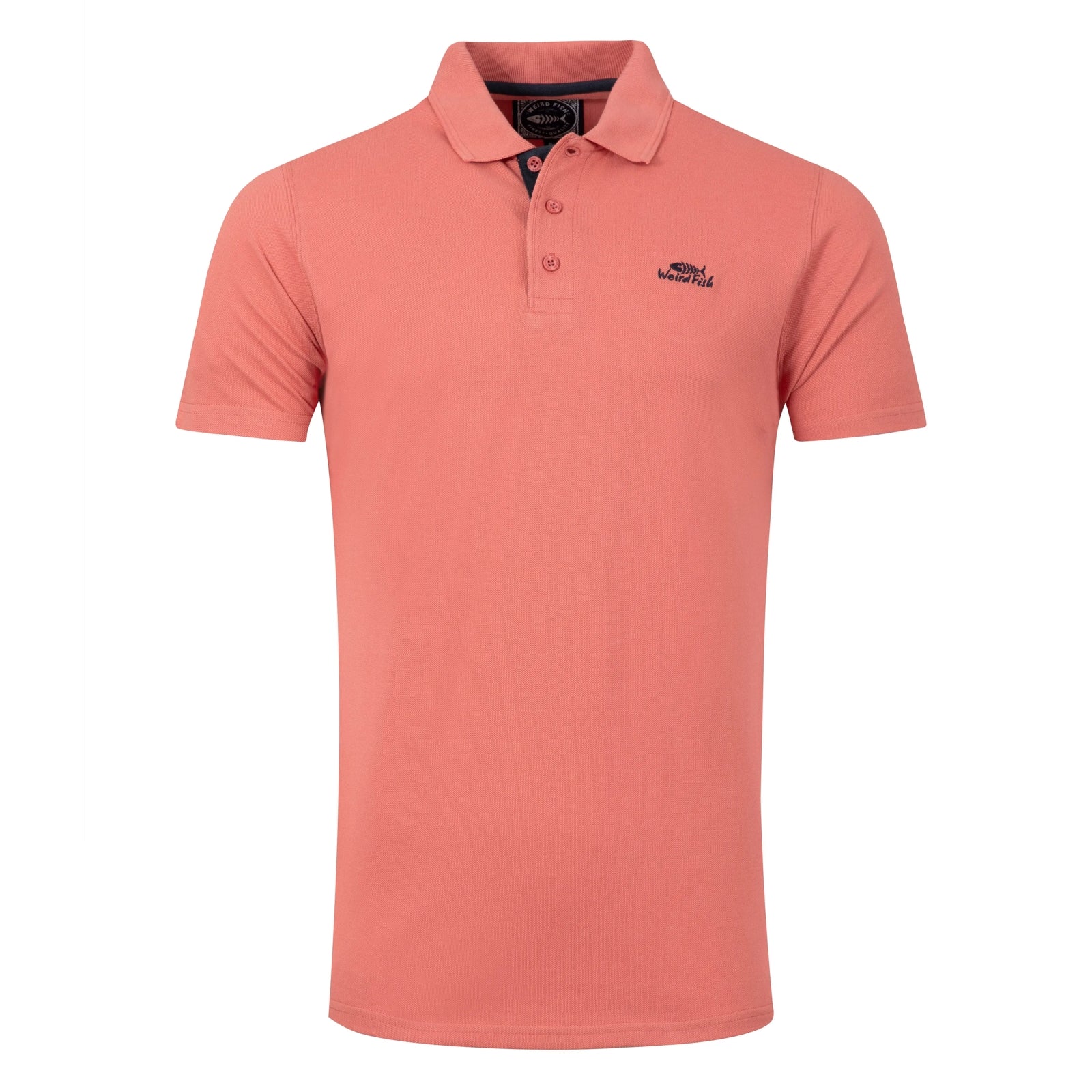 Main front view of a men's Weird Fish short sleeve Miles polo shirt in Nantucket coral.