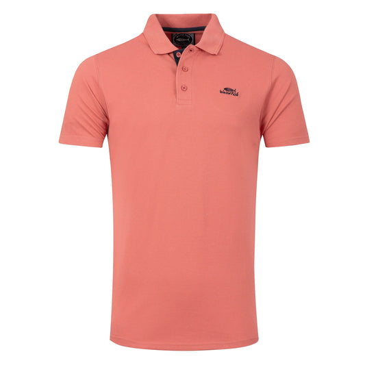 Main front view of a men's Weird Fish short sleeve Miles polo shirt in Nantucket coral.