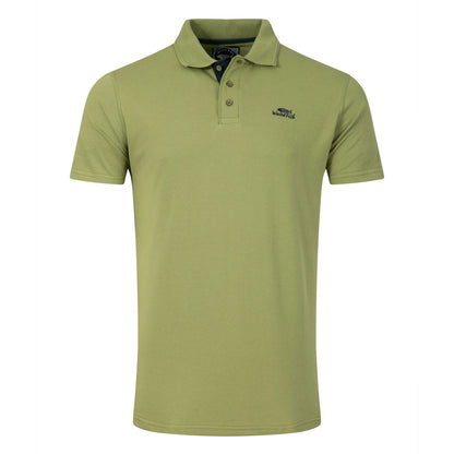 Main front view of a men's Weird Fish short sleeve Miles polo shirt in Washed Oak Green.