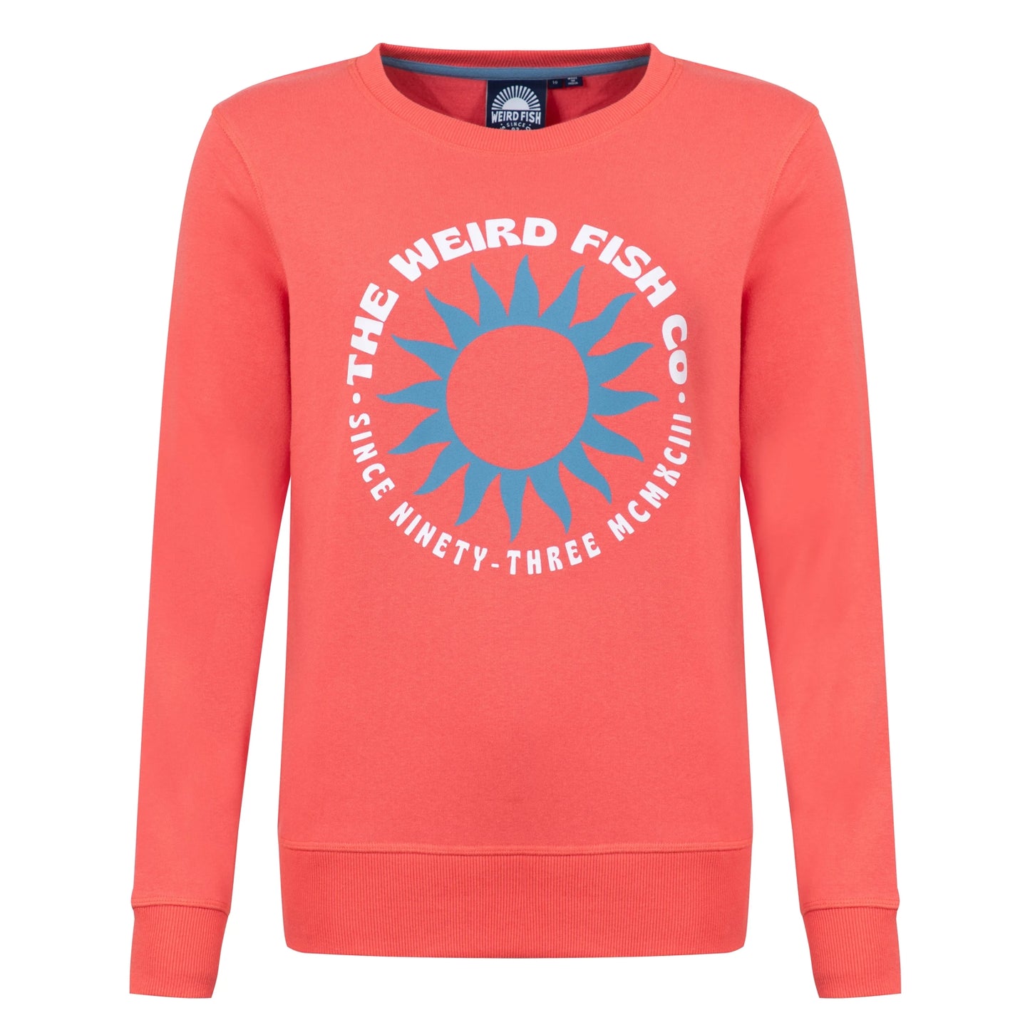 Front view of a Weird Fish women's Aurora crew neck sweatshirt in a bright coral colour with bold circular logo on the front.