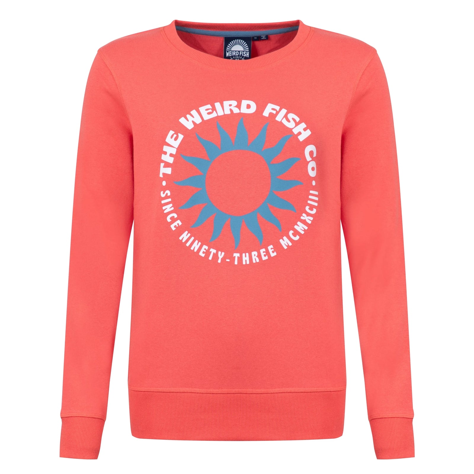 Front view of a Weird Fish women's Aurora crew neck sweatshirt in a bright coral colour with bold circular logo on the front.