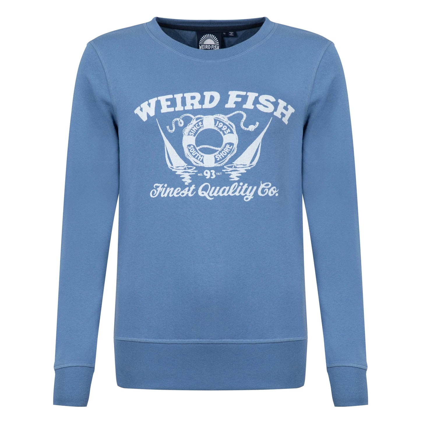Front view of a Weird Fish women's Aurora crew neck sweatshirt in Faded Blue with a nautical logo print on the front.
