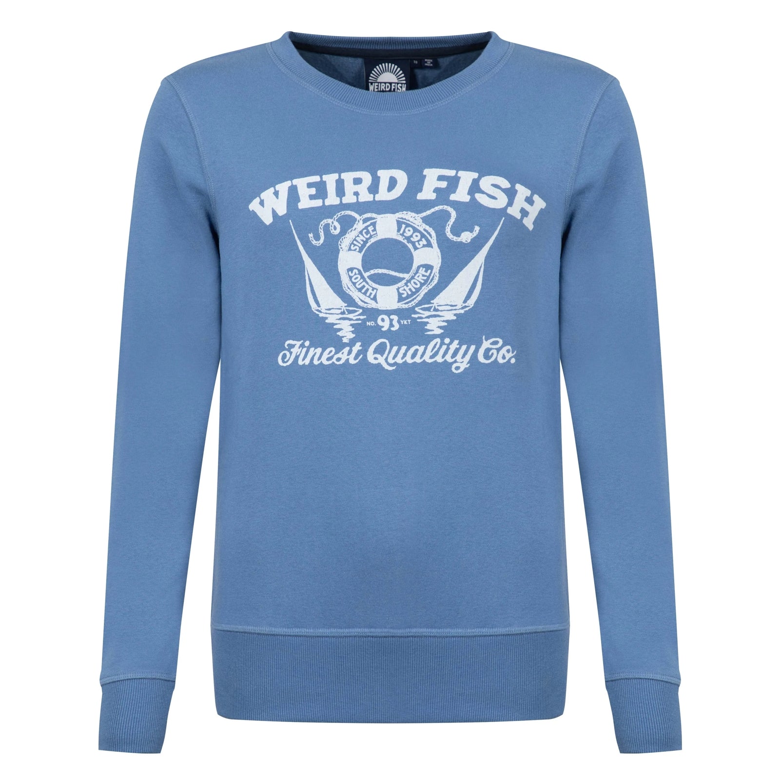 Front view of a Weird Fish women's Aurora crew neck sweatshirt in Faded Blue with a nautical logo print on the front.