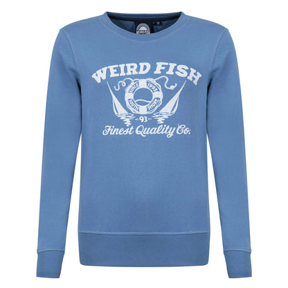 Front view of a Weird Fish women's Aurora crew neck sweatshirt in Faded Blue with a nautical logo print on the front.