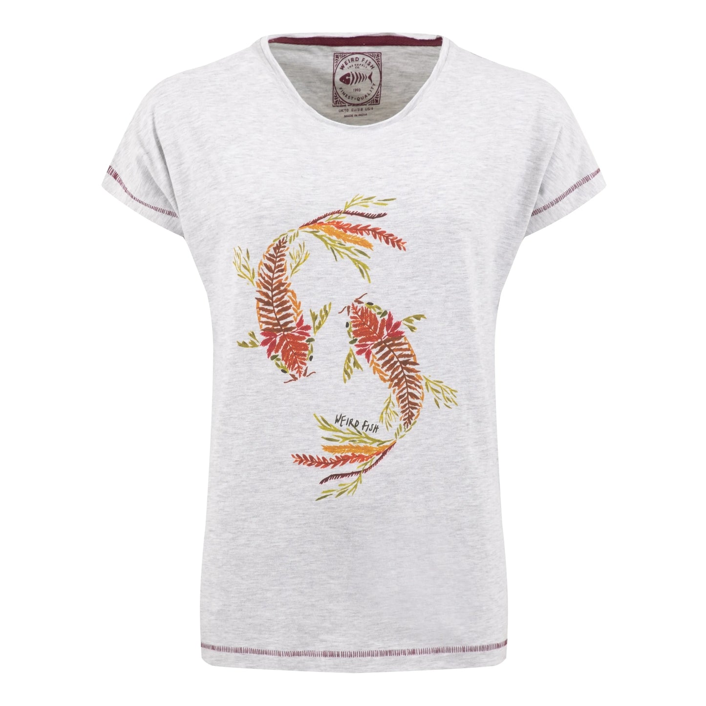Front view of a womens Weird Fish short sleeve t-shirt in Light Grey Marl with an abstract Koi Carp print made up of Fern leaves on the front.