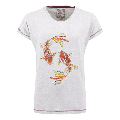 Front view of a womens Weird Fish short sleeve t-shirt in Light Grey Marl with an abstract Koi Carp print made up of Fern leaves on the front.