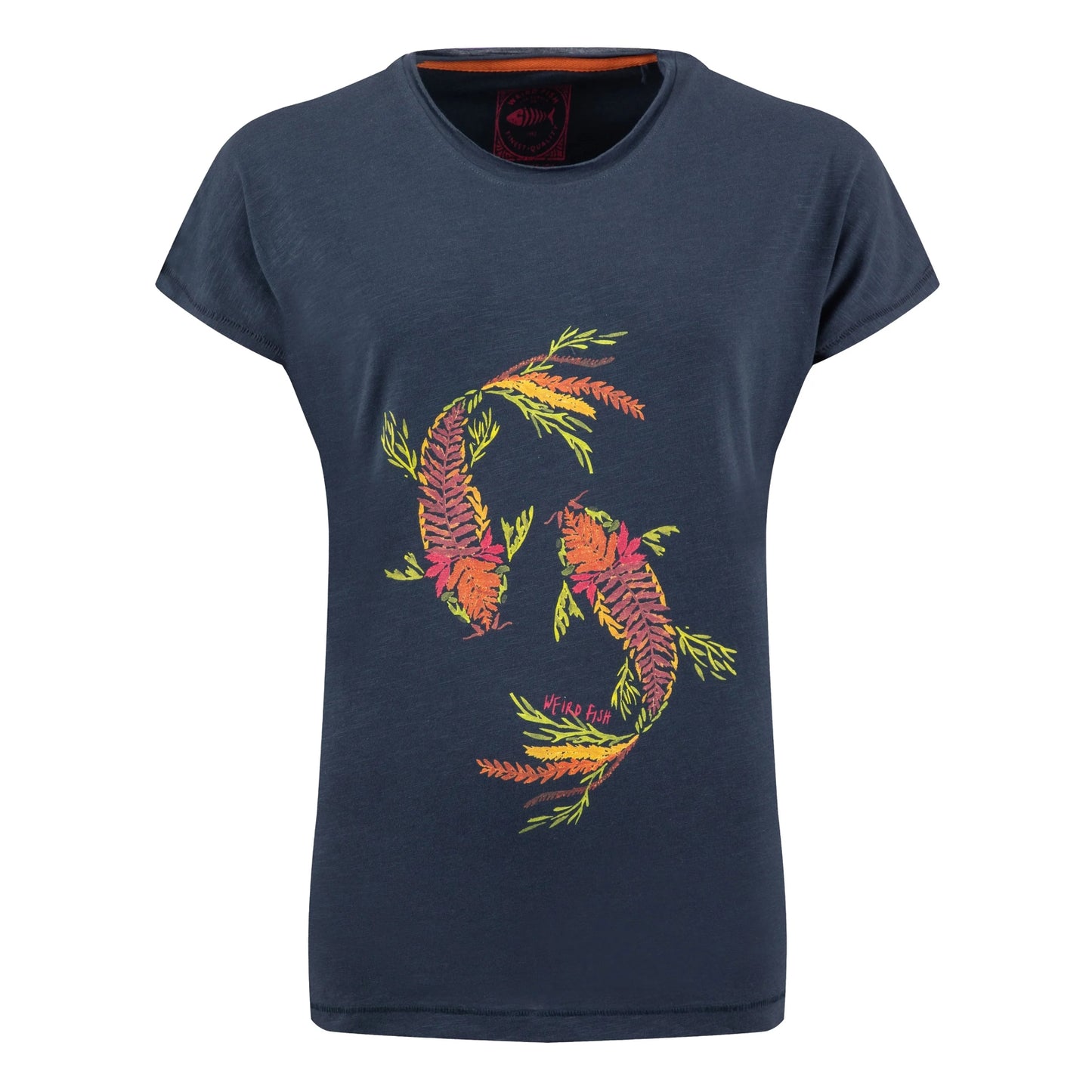 Front view of a womens Weird Fish short sleeve navy t-shirt featuring an abstract koi carp print made up of fern leaves on the front.