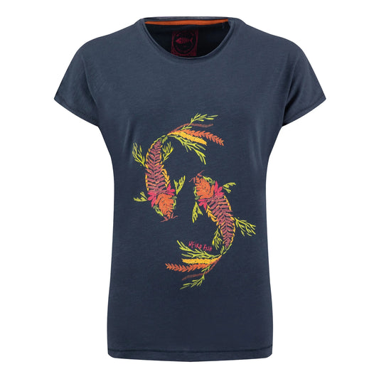 Front view of a womens Weird Fish short sleeve navy t-shirt featuring an abstract koi carp print made up of fern leaves on the front.