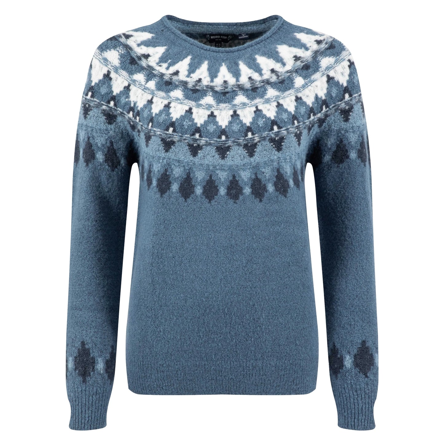 Main front view of a women's Weird Fish knitted Lowell jumper in Ash Blue, with a Fair Isle pattern across the chest and shoulders.