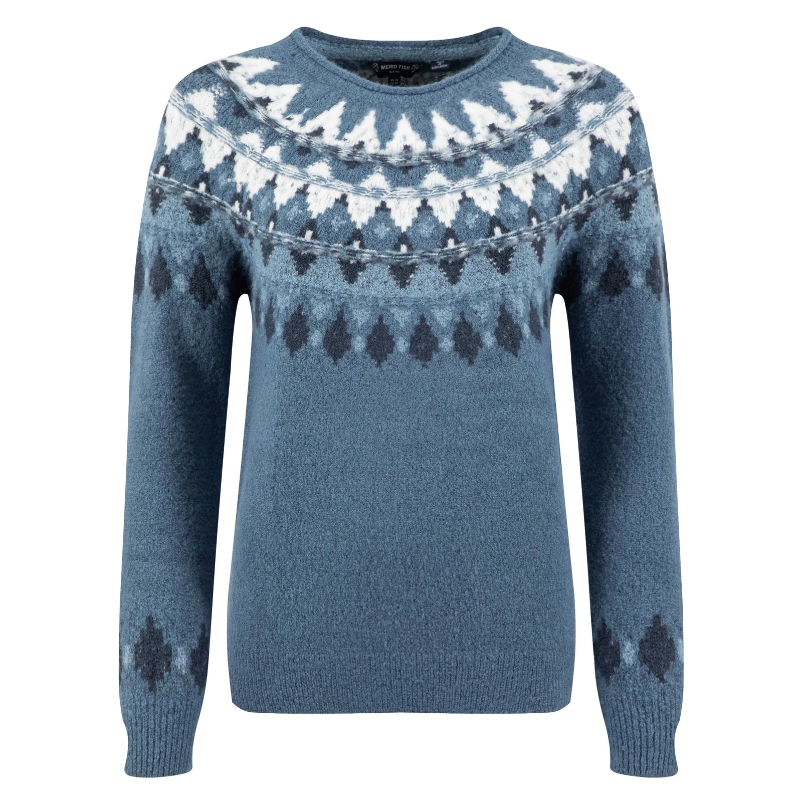 Main front view of a women's Weird Fish knitted Lowell jumper in Ash Blue, with a Fair Isle pattern across the chest and shoulders.