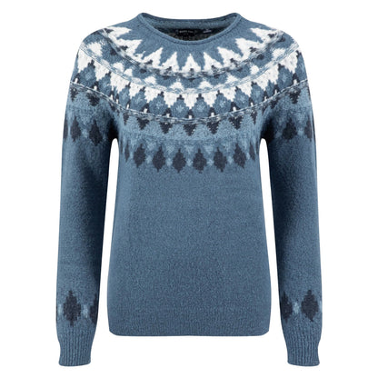 Main front view of a women's Weird Fish knitted Lowell jumper in Ash Blue, with a Fair Isle pattern across the chest and shoulders.