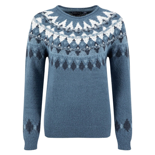 Main front view of a women's Weird Fish knitted Lowell jumper in Ash Blue, with a Fair Isle pattern across the chest and shoulders.