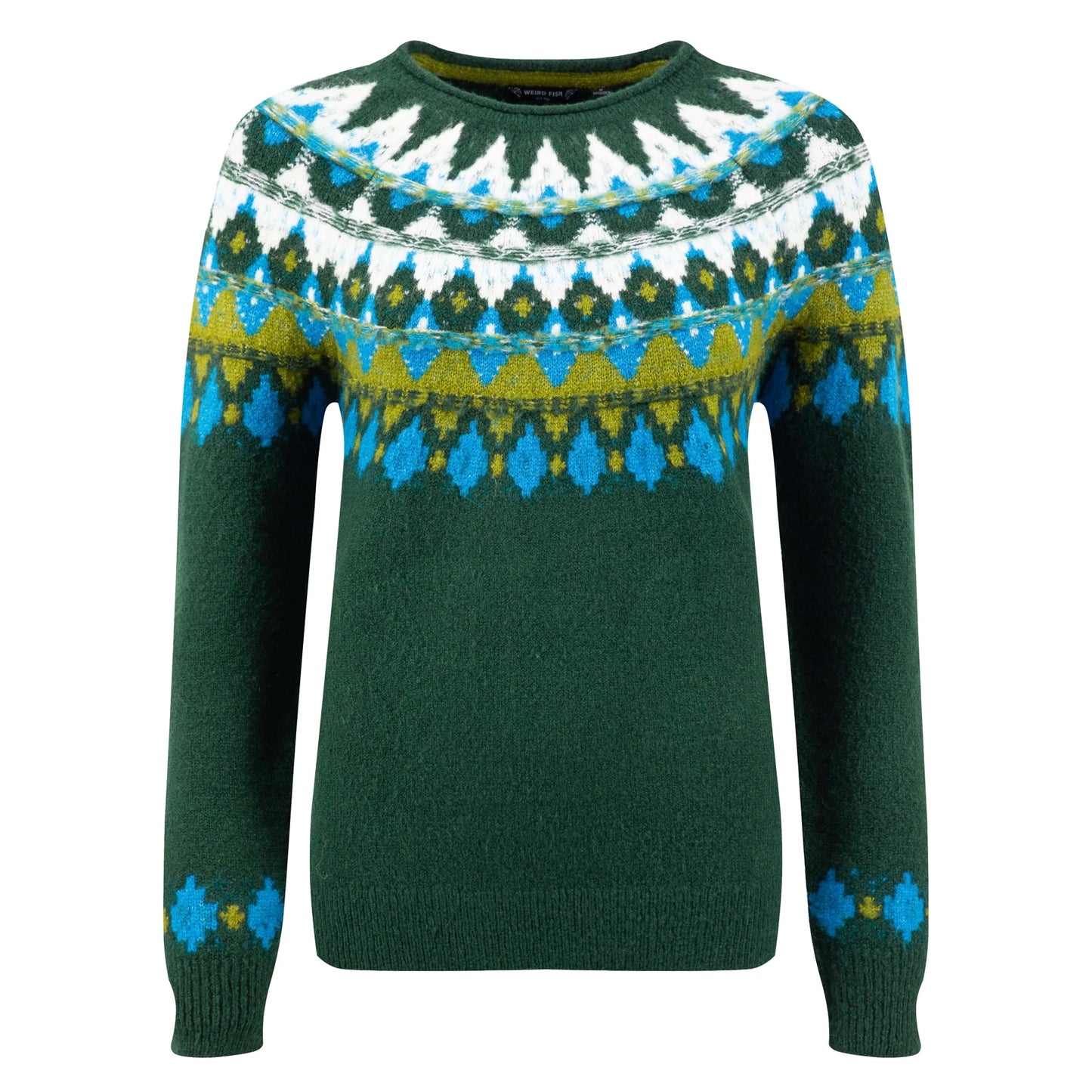 Main front view of a women's Weird Fish knitted Lowell jumper in Bottle Green, with a Fair Isle pattern across the chest and shoulders.
